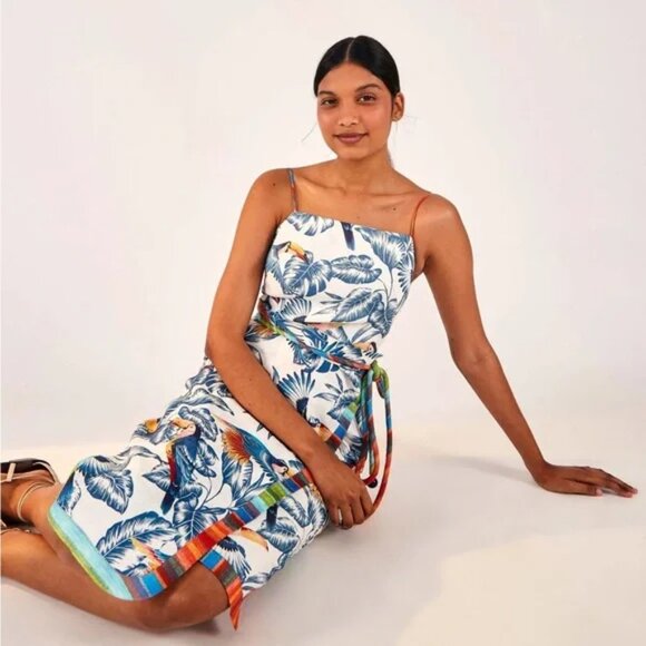 Farm Rio Flying Toucans Open Back Dress Linen Belted Slit Wrap Scoop Back V Neck - Picture 4 of 15